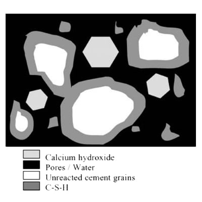 بلورهای C-S-H در اطراف دانه‌های سیمان رشد و رسوب کرده، در حالی‌که بلورهای هیدروکسید کلسیم در فضاهای خالی رشد می‌کنند.